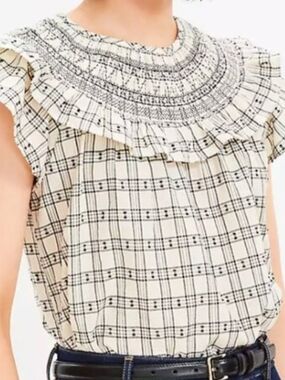 Cream And Black Plaid Smocked Ruffle Yoke Blouse By Loft size Small